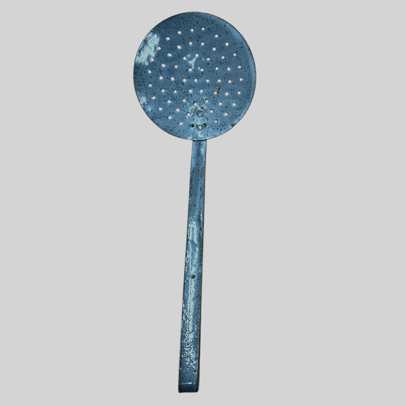 Gray Strainer Skimmer Graniteware Enamel Handled Vintage Scoop Primitive - Picture 1 of 6